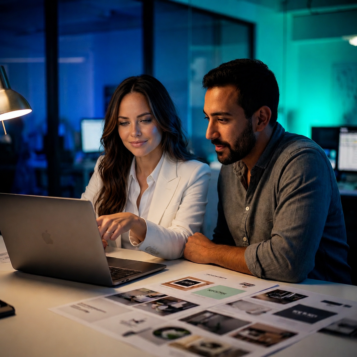 Premium Branding Moodboard mit Visitenkarten und Markenfarben
